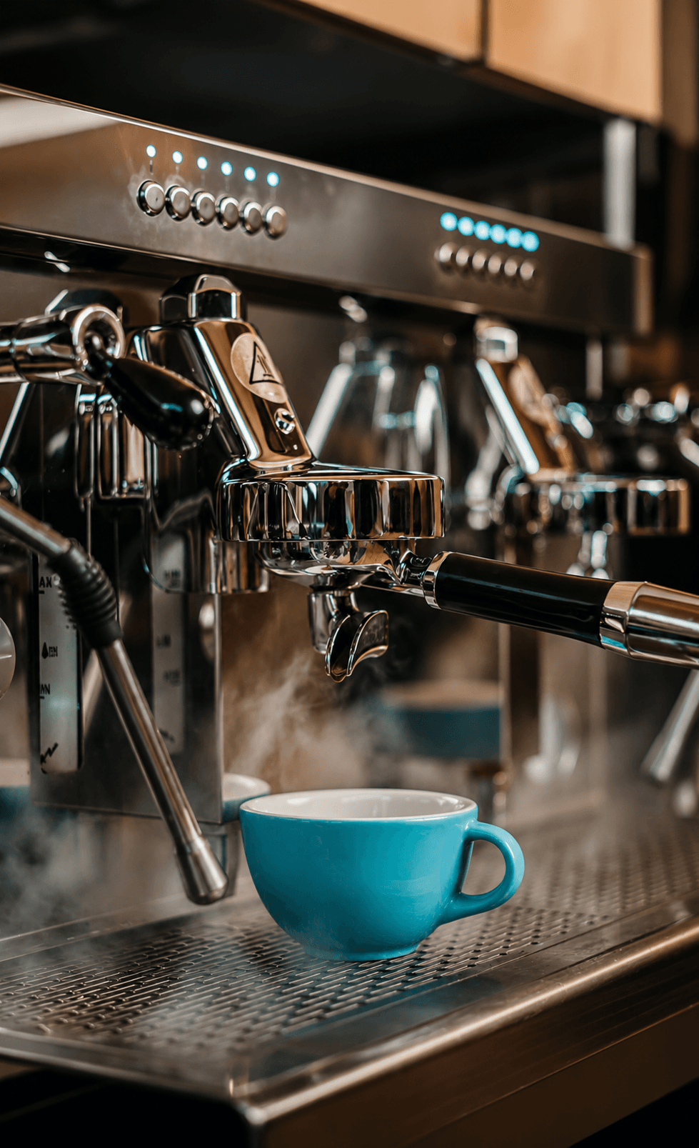 Café sirviéndose en taza azul